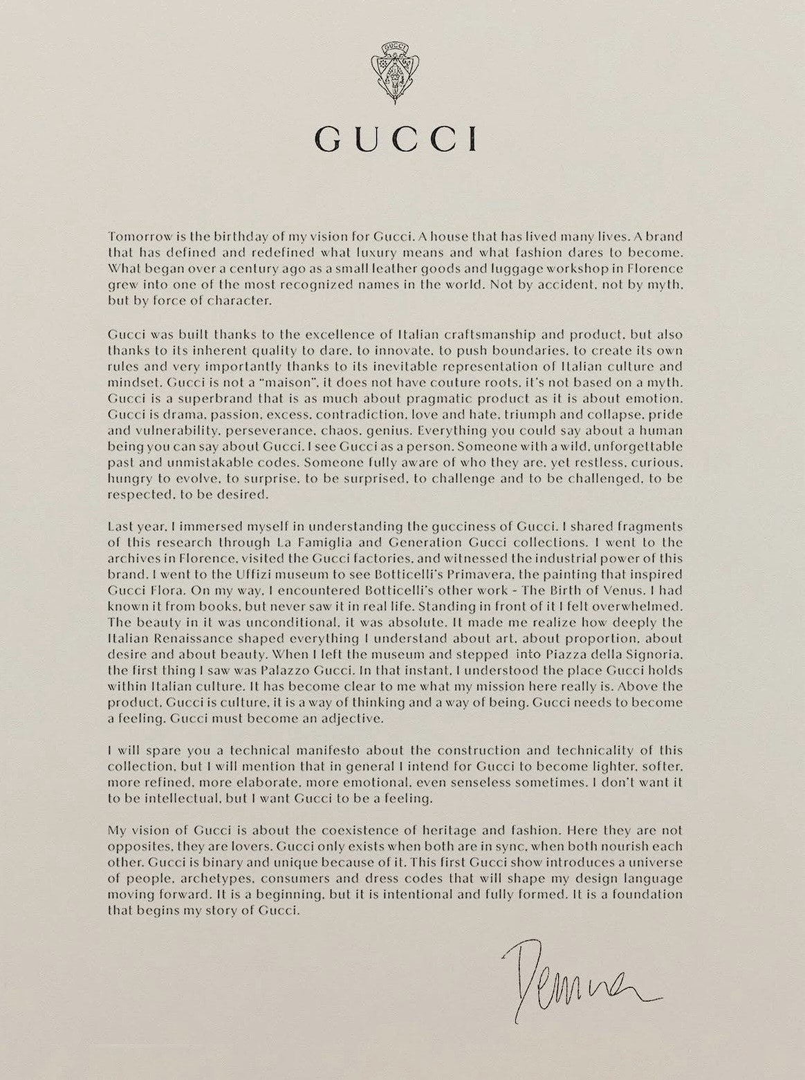 La lettera di Demna su Gucci (foto Instagram @gucci @demna)