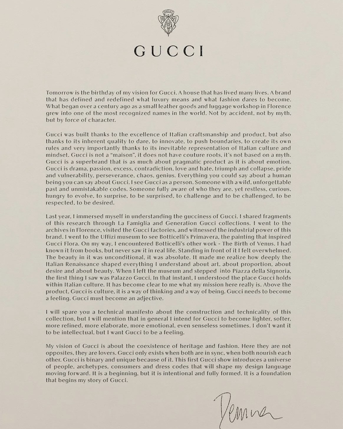 La lettera di Demna su Gucci (foto Instagram @gucci @demna)