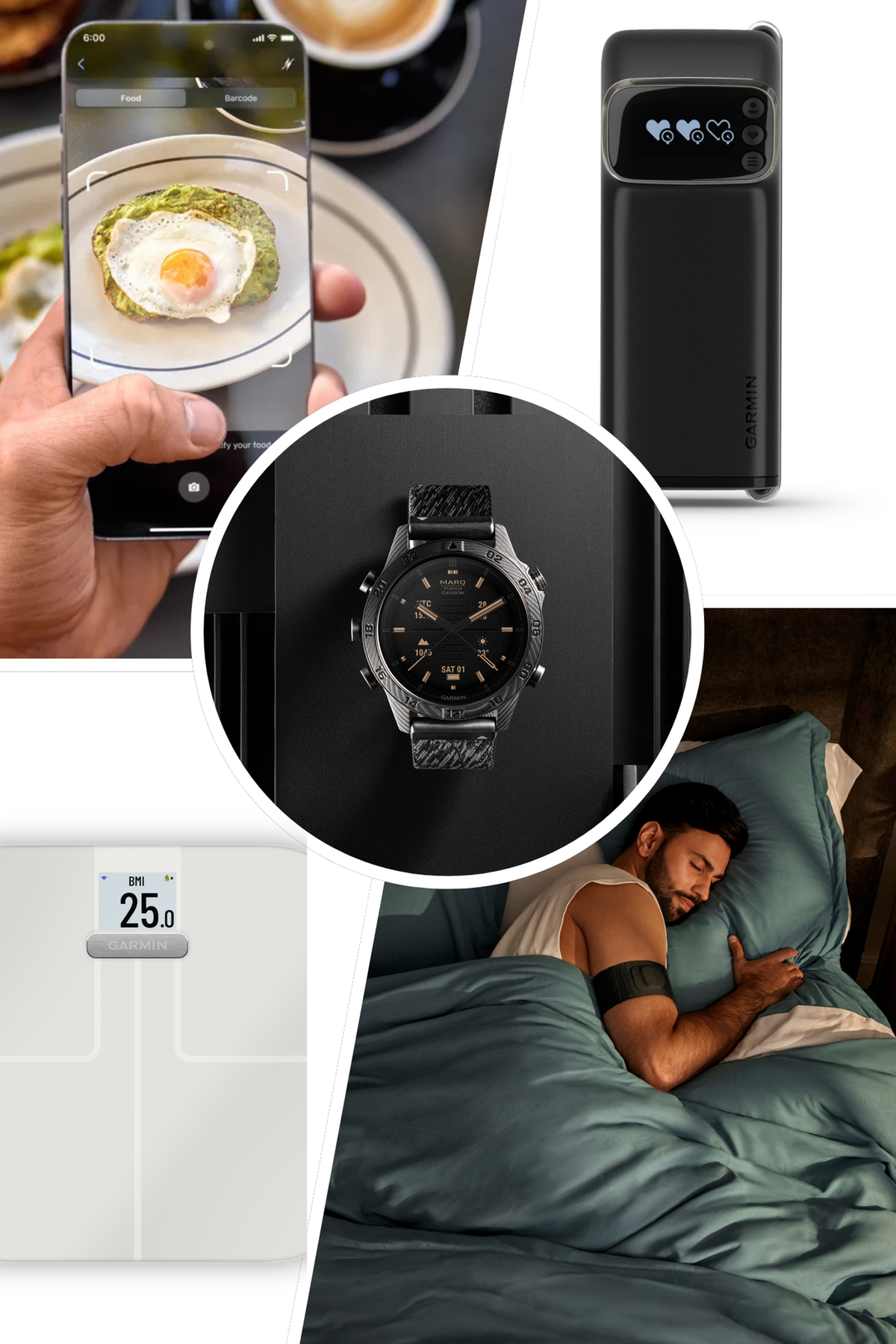 Al centro Marq Carbon, dall'alto in senso orario: Index Bpm, misuratore wi-fi per pressione  e frequenza cardiaca. Index Sleep Monitor  fascia smart per Hrv (variabilità della frequenza cardiaca), fasi del sonno, temperatura cutanea  e respirazione. dex Smart Scale, bilancia con analisi  di massa grassa, muscolare, acqua e Bmi (indice di massa corporea), sincronizzati. Nutrition Garmin Connect, applicazione per il monitoraggio macronutrienti  e calorie con insight Active Intelligence.