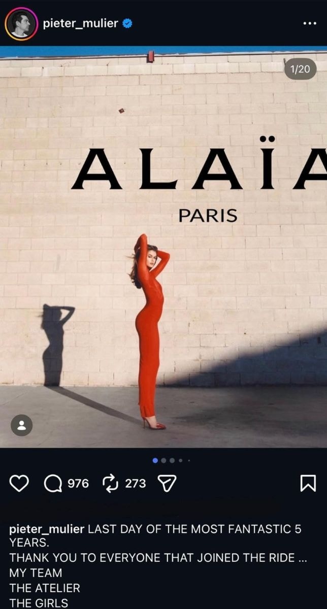 Il post Instagram di Pieter Mulier per il suo ultimo giorno da Alaïa (ph Instagram @pieter_mulier)