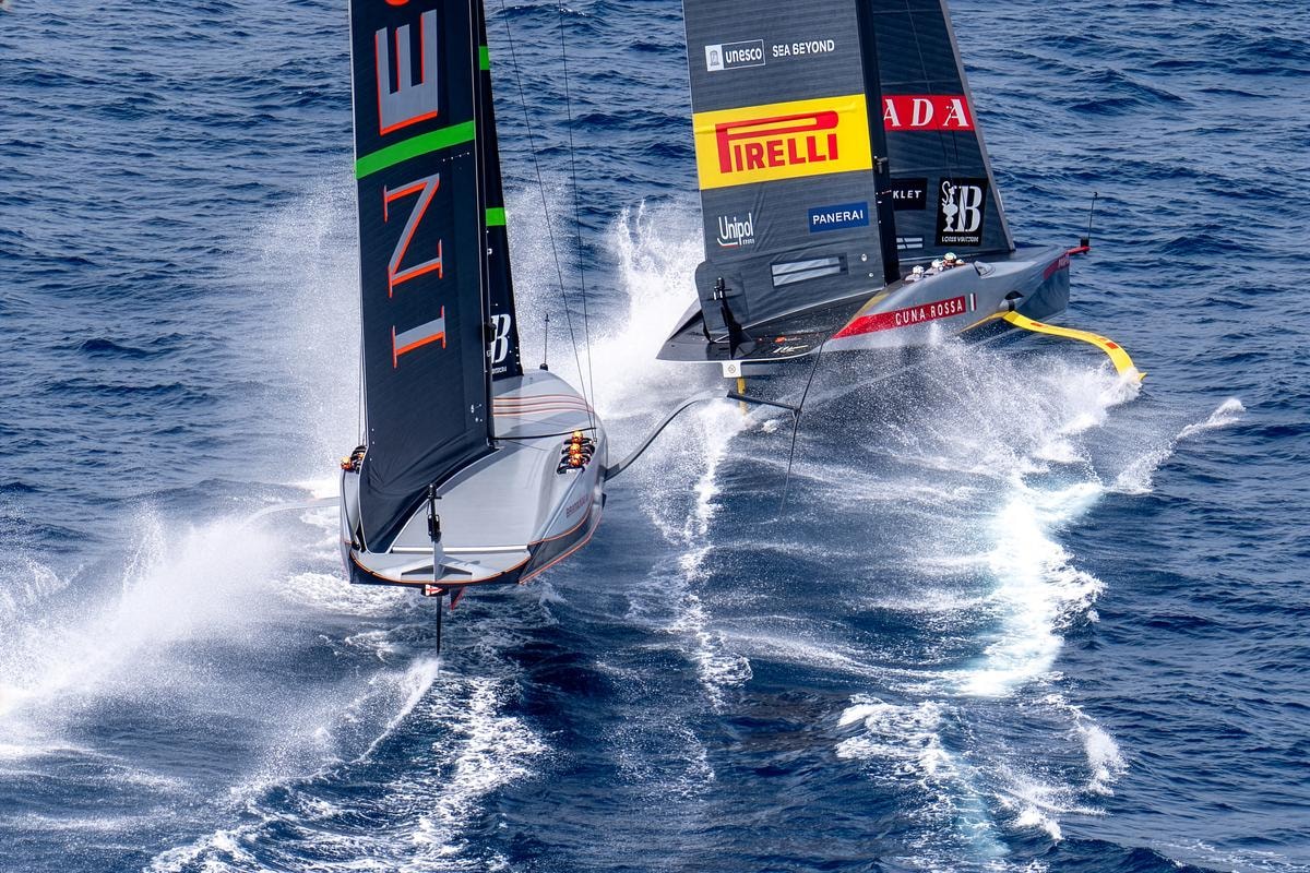 October 02, 2024. Louis Vuitton Cup, Final Race Day 6. INEOS BRITANNIA, LUNA ROSSA PRADA PIRELLI TEAM