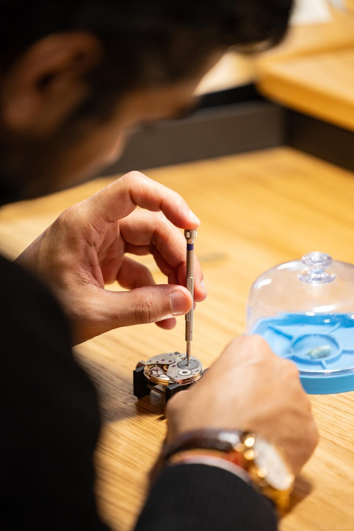 Watchmaking workshop at Initial shop during the Watches and Wonders GENEVA « In the City », in Geneva, Switzerland, Thursday, April 5, 2025. The Master Event of the Watches and Wonders ecosystem brings together the leading names of the Watchmaking and luxury industry from April 1 to April 7, 2025 at Geneva Palexpo.(KEYSTONE/Pierre Albouy)