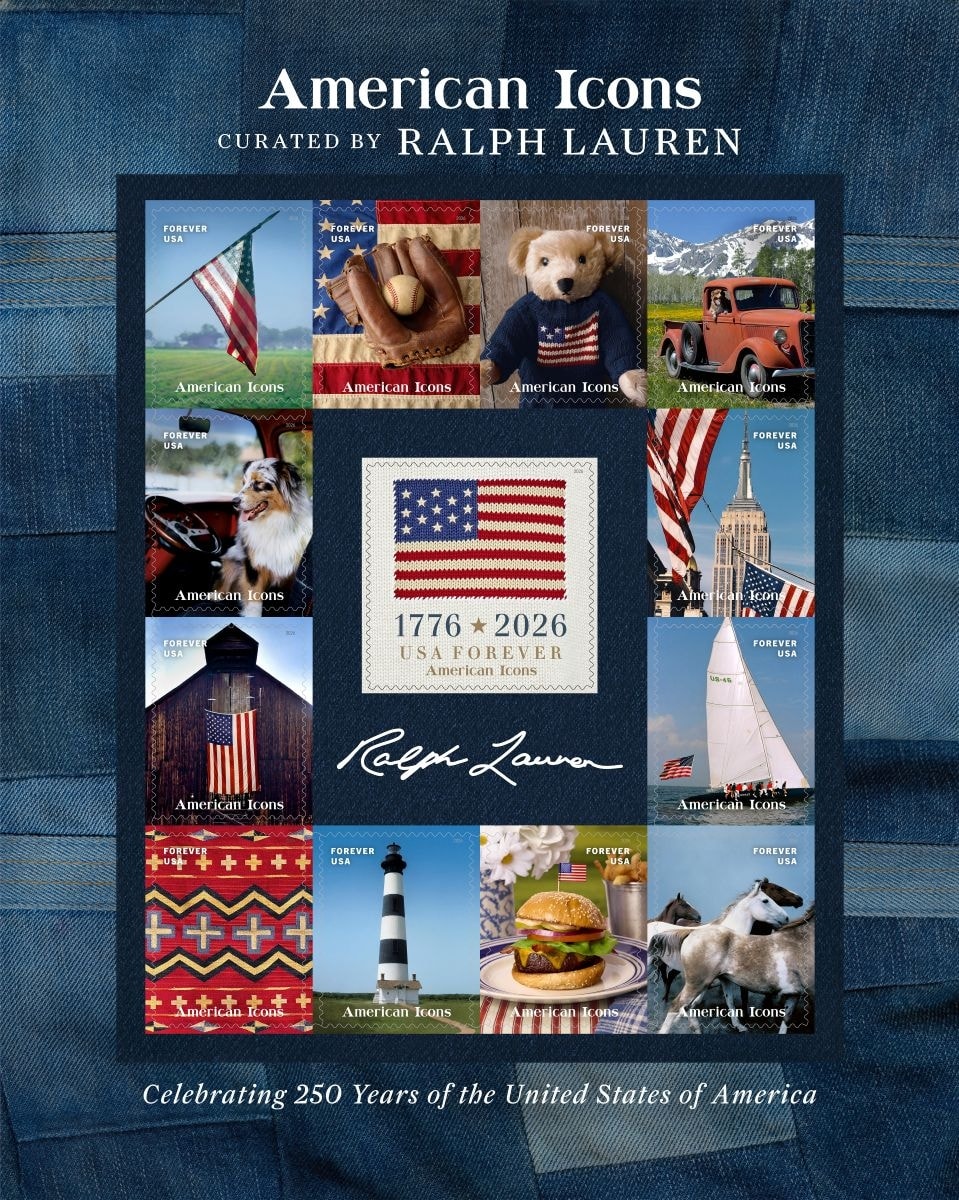 Un'immagine dei francobolli American icons Ralph Lauren x Usps (courtesy Ralph Lauren)