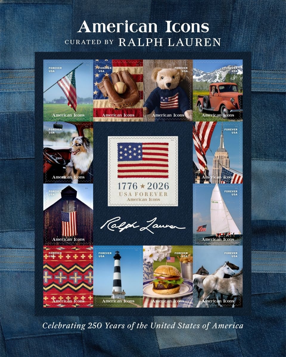 Un'immagine dei francobolli American icons Ralph Lauren x Usps (courtesy Ralph Lauren)