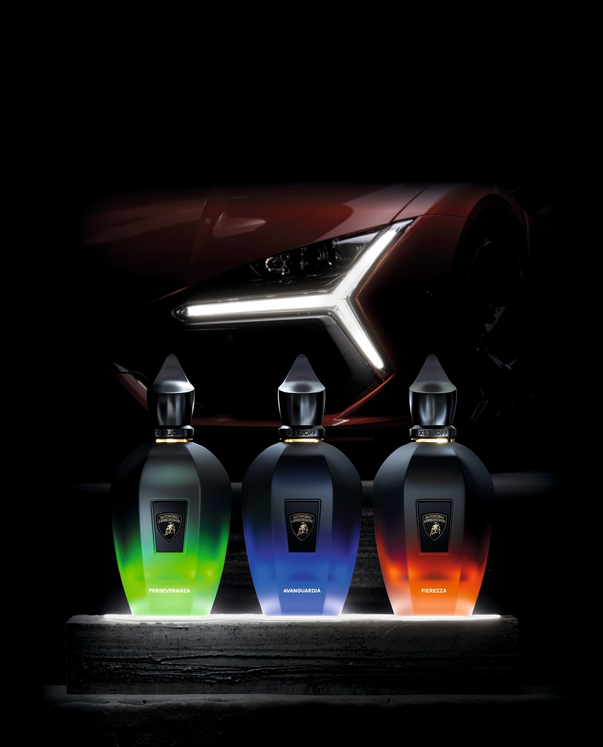 Le tre fragranze nate dalla collaborazione tra Xerjoff e Lamborghini (courtesy Xerjoff)
