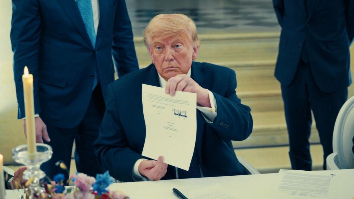 Donald Trump, presidente Usa, con l'accordo di pace firmato a Versailles