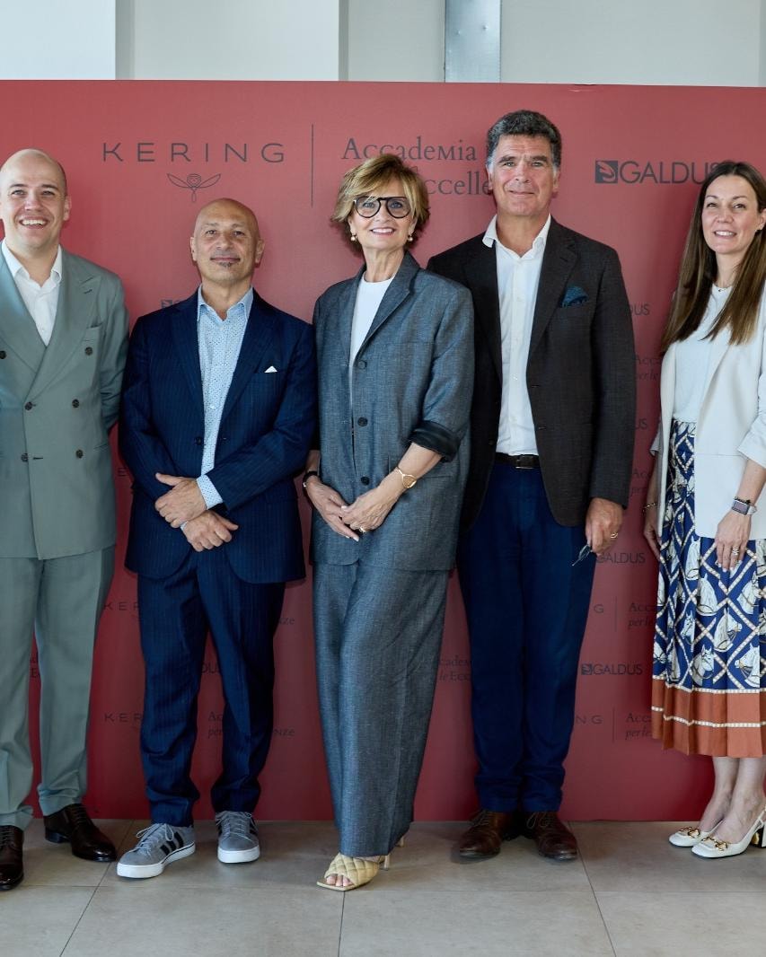 Una foto dello sterring committee di Kering accademia. Da sinistra, Salvatore Amura, Alexandre Bourgaut, Diego Montrone, Sabina Belli, Patrick De Vismes, Cristina Bocali e Alessandro Manetti (courtesy Kering)