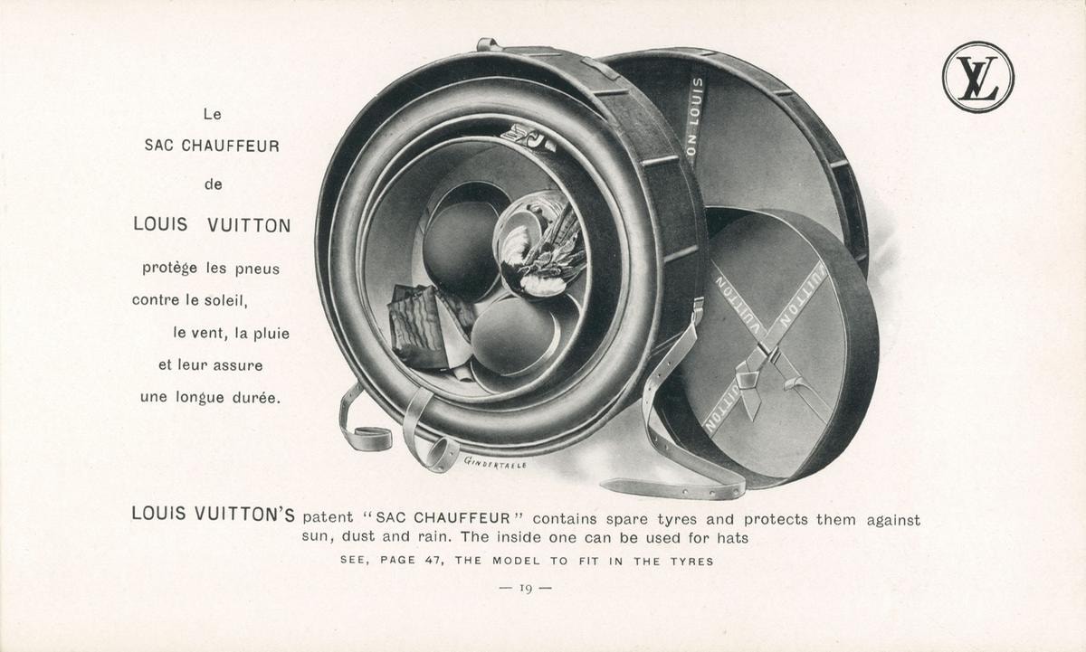 Catalogue Automobile Louis Vuitton, 1906 (Page 19) : Le Sac Chauffeur de Louis Vuitton protege les pneus contre le soleil, le vent, la pluie et leur assure une longue duree