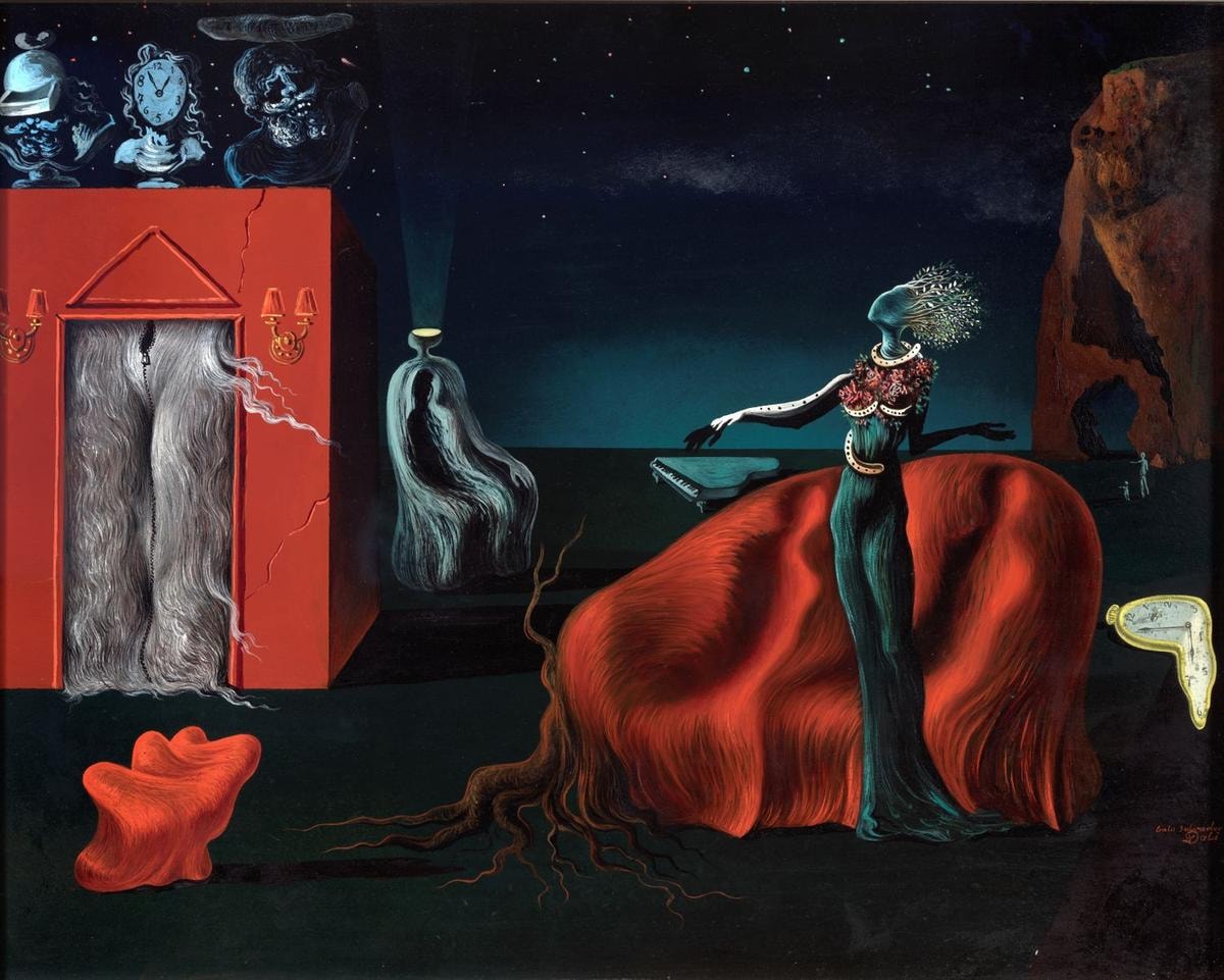 Salvador Dalí, Singularities, c. 1935, Oil and collage on board, 40,5 x 50 cm © Salvador Dalí, Fundació Gala-Salvador Dalí, Figueres, 2026 (courtesy Civita mostre e musei)