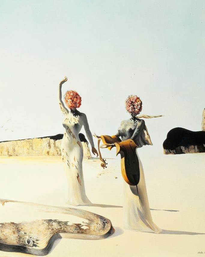 Salvador Dalí, Three young surrealist women holding in their arms the skins of an orchestra, 1936, Oil on canvas, 53 x 65 cm Collection of The Dalí Museum, St. Petersburg, FL (USA); Gift of A. Reynolds & Eleanor Morse, 2000.24 Photo © Oriol Tarridas, 2024 © Salvador Dalí, Fundació Gala-Salvador Dalí, Figueres, 2026 (courtesy Civita mostre e musei)