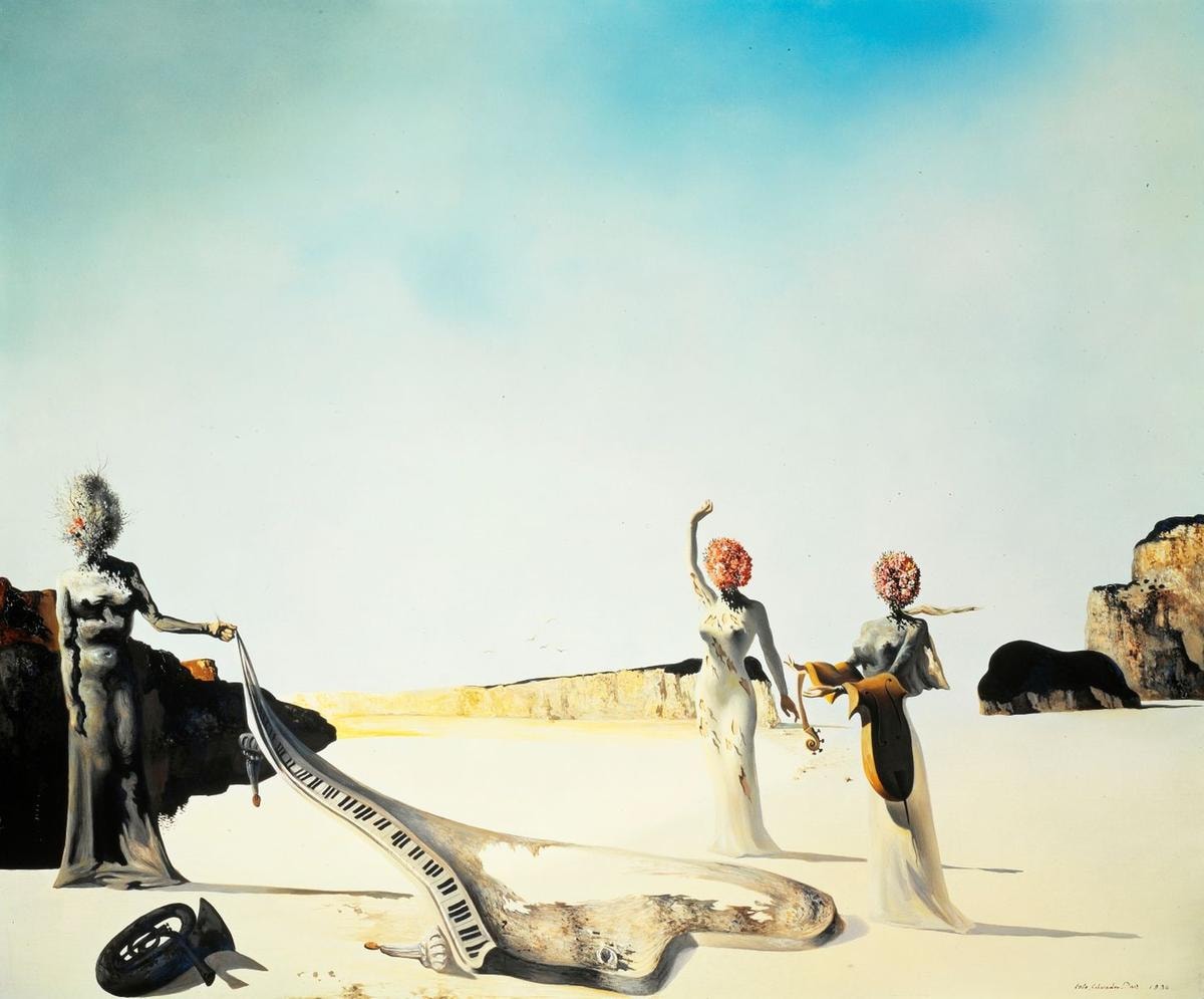 Salvador Dalí, Three young surrealist women holding in their arms the skins of an orchestra, 1936, Oil on canvas, 53 x 65 cm Collection of The Dalí Museum, St. Petersburg, FL (USA); Gift of A. Reynolds & Eleanor Morse, 2000.24 Photo © Oriol Tarridas, 2024 © Salvador Dalí, Fundació Gala-Salvador Dalí, Figueres, 2026 (courtesy Civita mostre e musei)