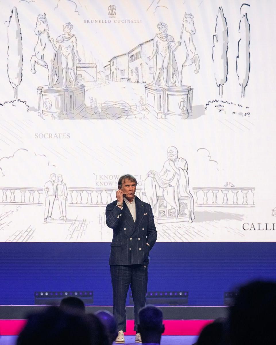 Una foto di Brunello Cucinelli alla presentazione di Callimacus (courtesy Brunello Cucinelli)