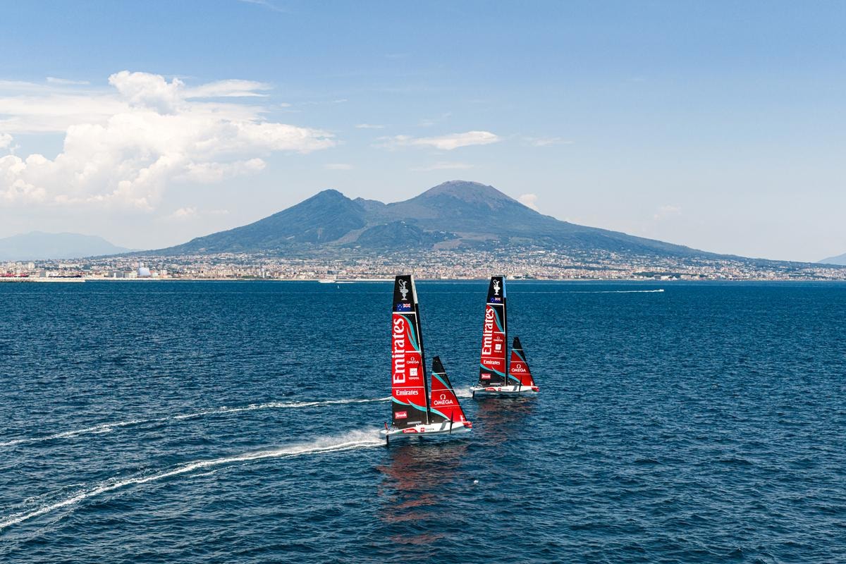 06 July 2026. Louis Vuitton 38th America's Cup. Naples, Italy - ETNZ first sail in Naples Bay