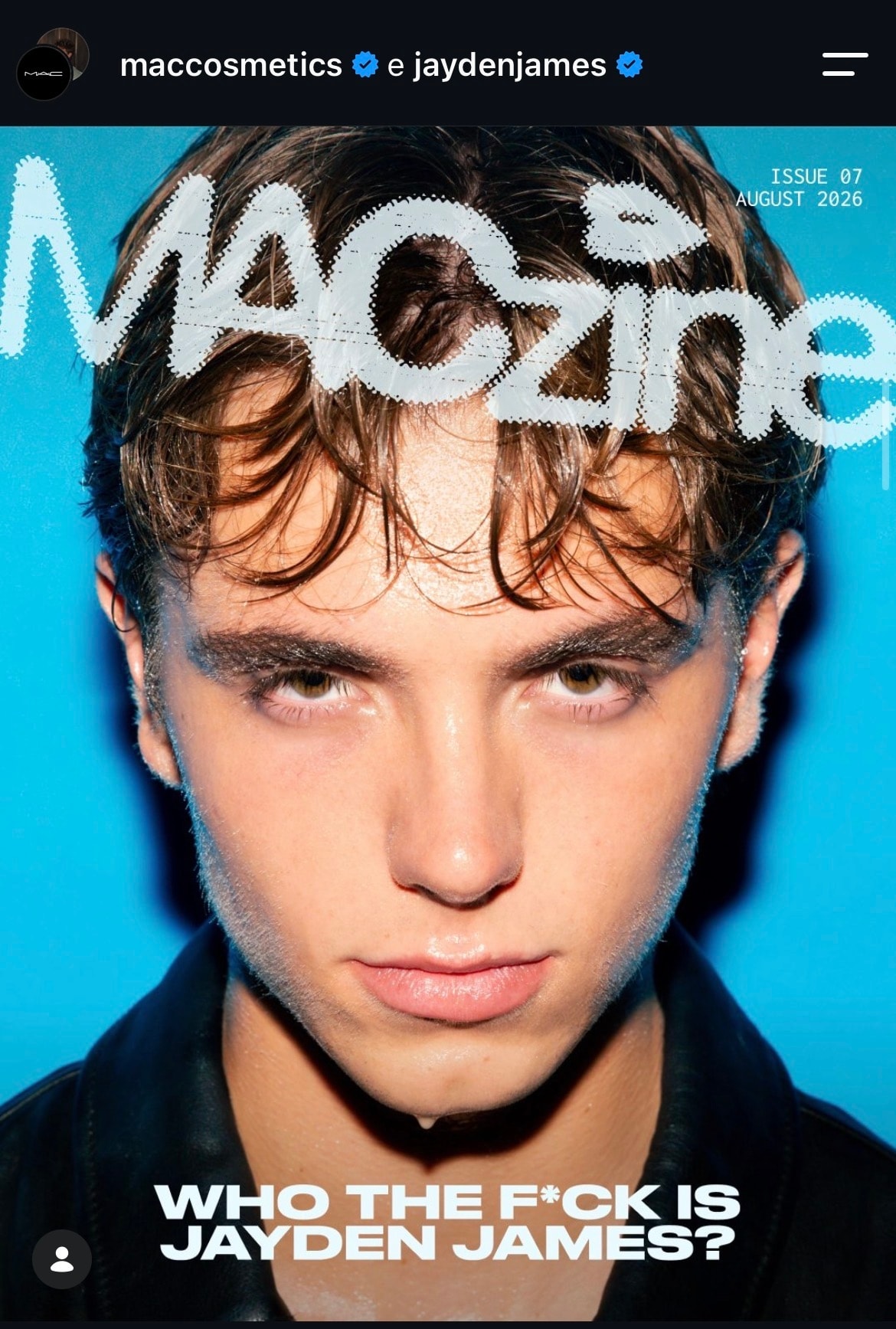La cover del numero di agosto 2026 di Maczine (ph Instagram @maccosmetics e @jaydenjames)